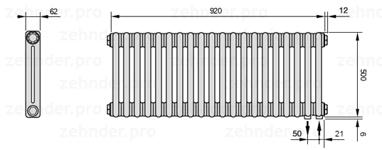 Схема (чертеж) Радиатор Zehnder Charleston 2050/20 №5510 Белый глянцевый RAL 9016